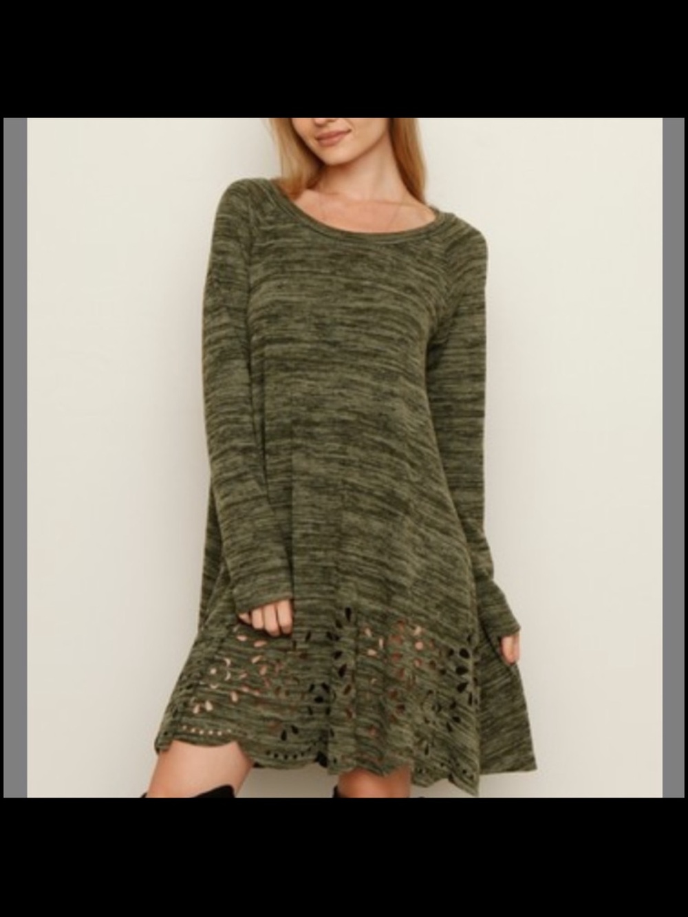 Eloges Size Large Olive Green Long Sleeve Knit Swing Dress with Crochet Hem